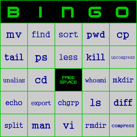 UNIX Shell Bingo Card