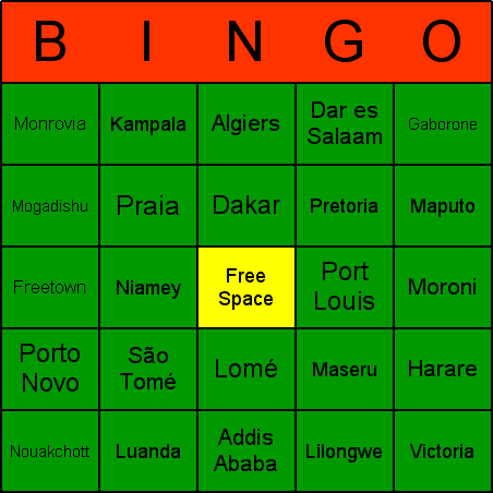 African capitals Bingo Card