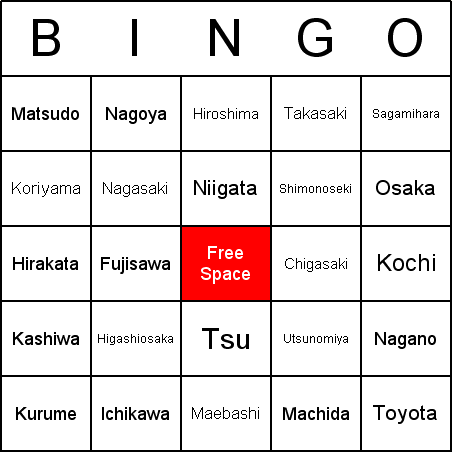Japanese cities Bingo Card