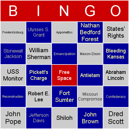 American Civil War Bingo Card