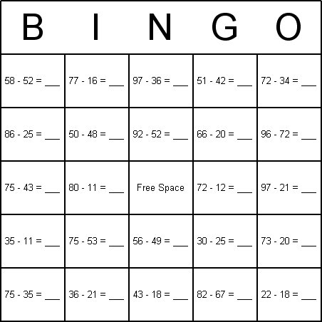 Subtraction Bingo Card